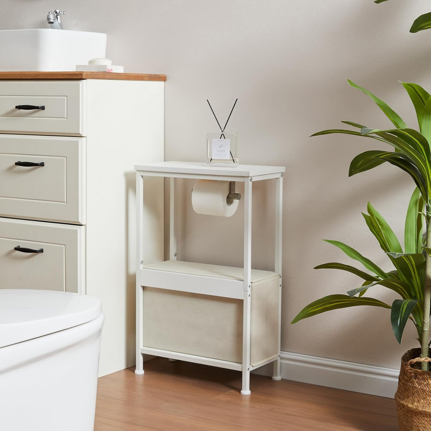 Narrow Bathroom Toilet Paper Storage Cabinet Organizer with Tissue Holder, Fabric Drawer Bin for Small Spaces