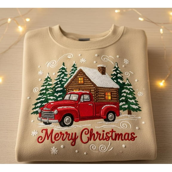 Custom Merry Christmas Sweatshirt – Embroidered Red Truck & Cabin Winter Scene – Holiday Cozy Crewneck