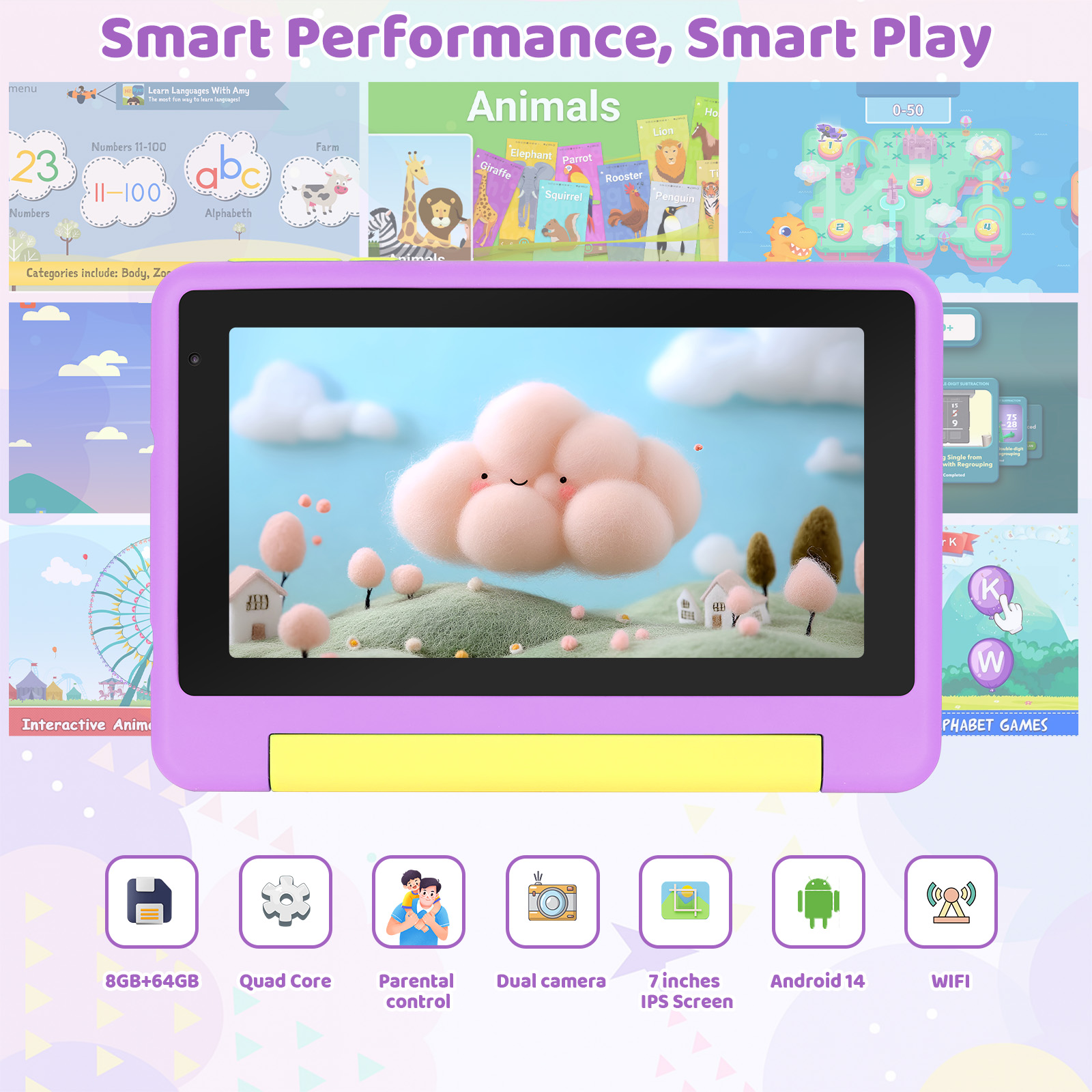 AEEZO 7 Inch Kids Tablet Bundle, 8GB RAM 64GB, Learning Tablet for Kids Ages 3-10 with Headphones Stylus Bag, Purple
