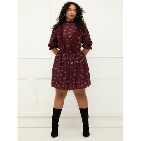 ELOQUII Elements Women's Plus Size Puff Sleeve Dress With Ruffles