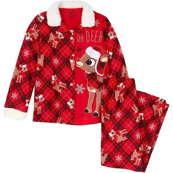Rudolph Girl's Plaid 'Oh Deer' Button Down Flannel Christmas Pajama Set (Medium 8)