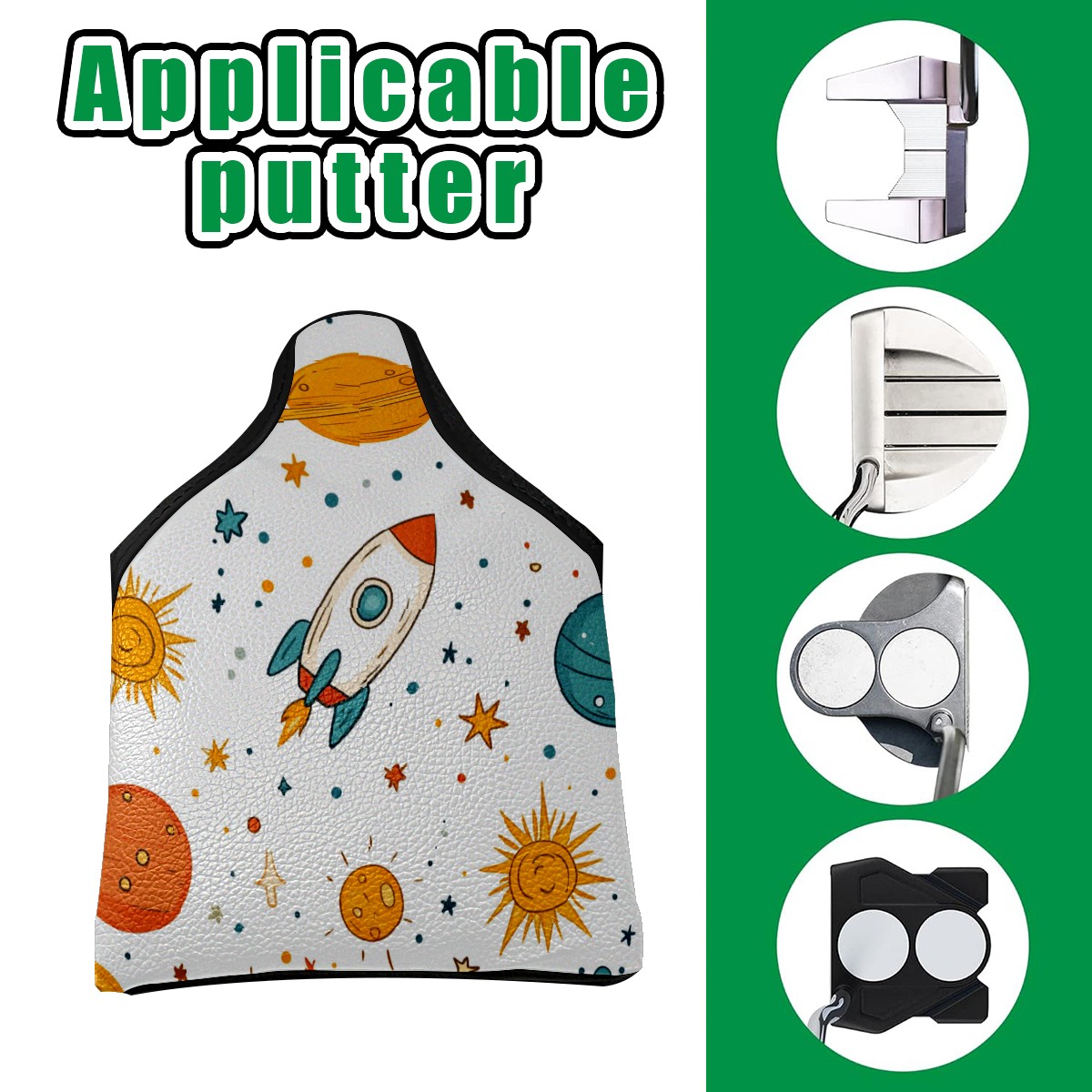 Golf Mallet Putter Cover Premium Leather Waterproof Golf Putter Head Cover with Magnetic Closure Spaceship Sun