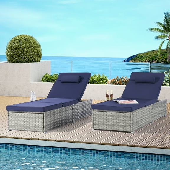 Outdoor Chaise Lounge, PE Rattan Lounge Chair Set of 2, Pool Recliner Cushioned for Patio Beach, w/Pillow, Side Table, Adjustable Backrest, Navy