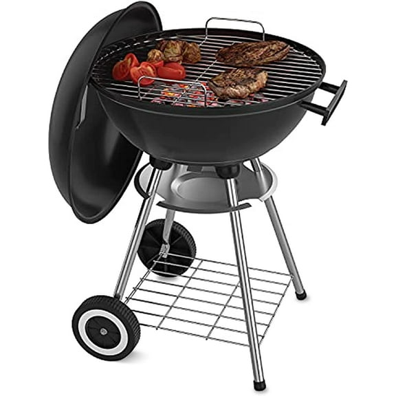 18 Inch Portable Charcoal Grill with 4 Legs and Wheels for Outdoor Cooking Barbecue Camping BBQ Coal Kettle Grill - Heavy Duty Round with Thickened Grilling Bowl for Small Patio Backyard