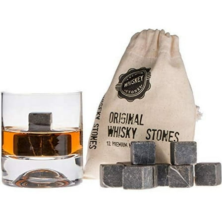 Premium Whiskey Stones Gift Set with 12 Pcs Stones and Bag. Whiskey, Bourbon, Cognac, Scotch,Gin, Wine Beverage. Marble Reusable Ice Cubes. Birthday Gift for Whiskey Lovers.â€¦ (Dark Grey)