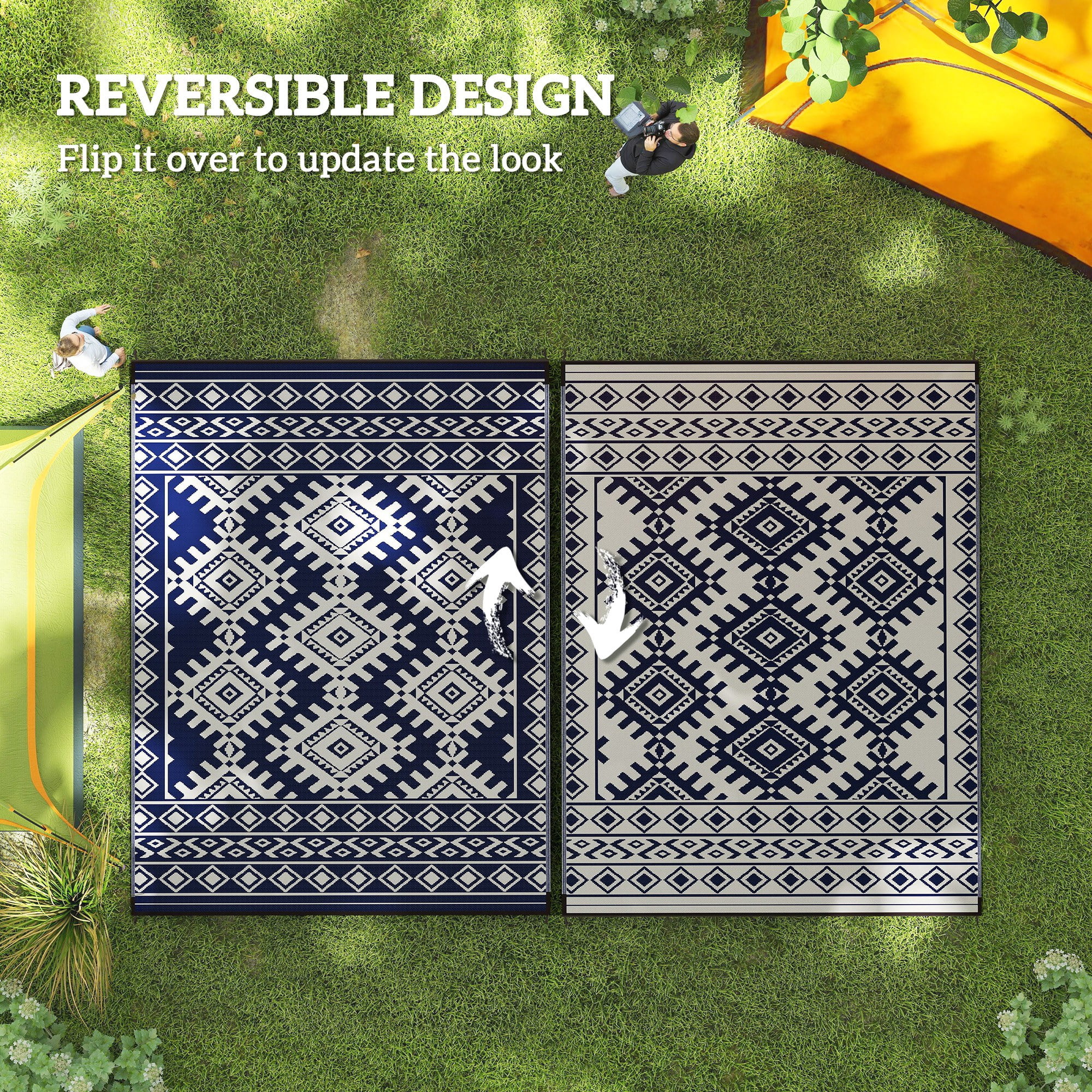Outsunny Outdoor Patio Rug, Large Camping Carpet with Carrying Bag, 9' x 12' Waterproof Plastic Straw, Reversible, Blue & White Rhombus Border