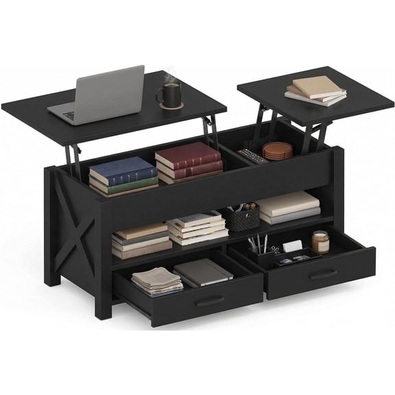47.2In Lift Top Coffee Table with Hidden Storage Split Design Farmhouse Style for Living Room Black