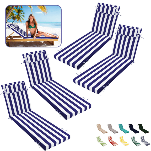 SDJPOI Outdoor Chaise Lounge Cushions Set of 4, 72" x 21" x 3" Thick Patio Furniture Replacement Cushions, Waterproof Lounge Chair Cushion with Headrest & Ties for Pool Beach