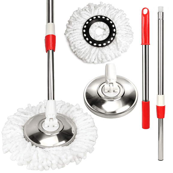 Spin Mop Replacement Handle,47 inch 360°Rotating Telescopic Replacement Mop Stick with 1 Stainless Steel Disc Base - 3 Microfiber Mop Replacement Heads,Suitable for Floors,Walls,Outdoor Areas