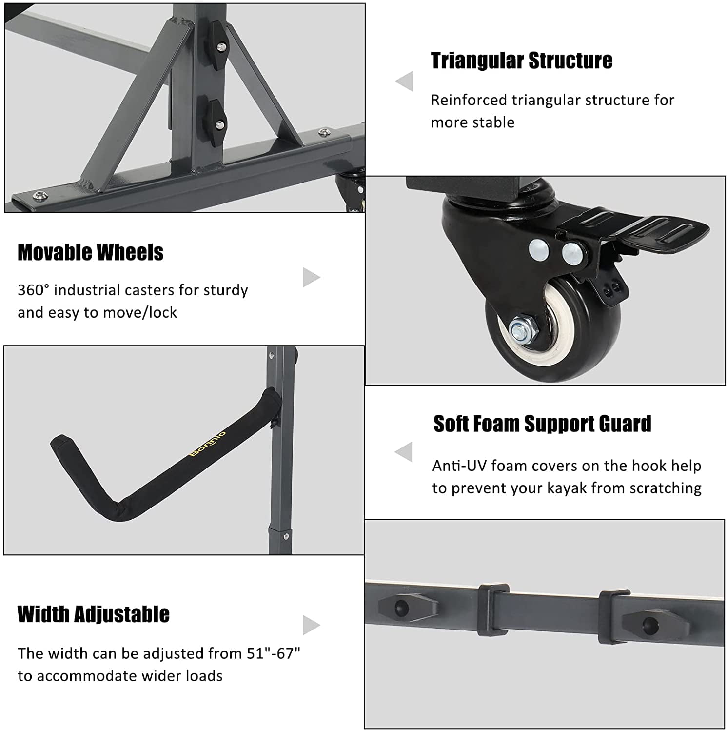 HJTER Kayak Stand Freestanding Storage Rack for Kayak Canoe Boat Paddle Board SUP Surfboard for Indoor Outdoor Garage, Shed, Dock with Lockable Wheels Wide Adjustable