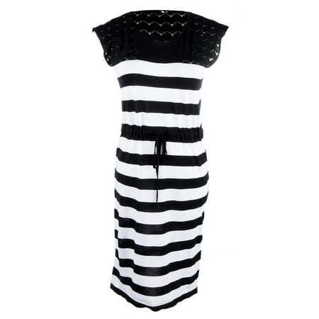 Women S/M Fit Goth Glam Horizontal Strip Crochet Shoulder Dress Black
