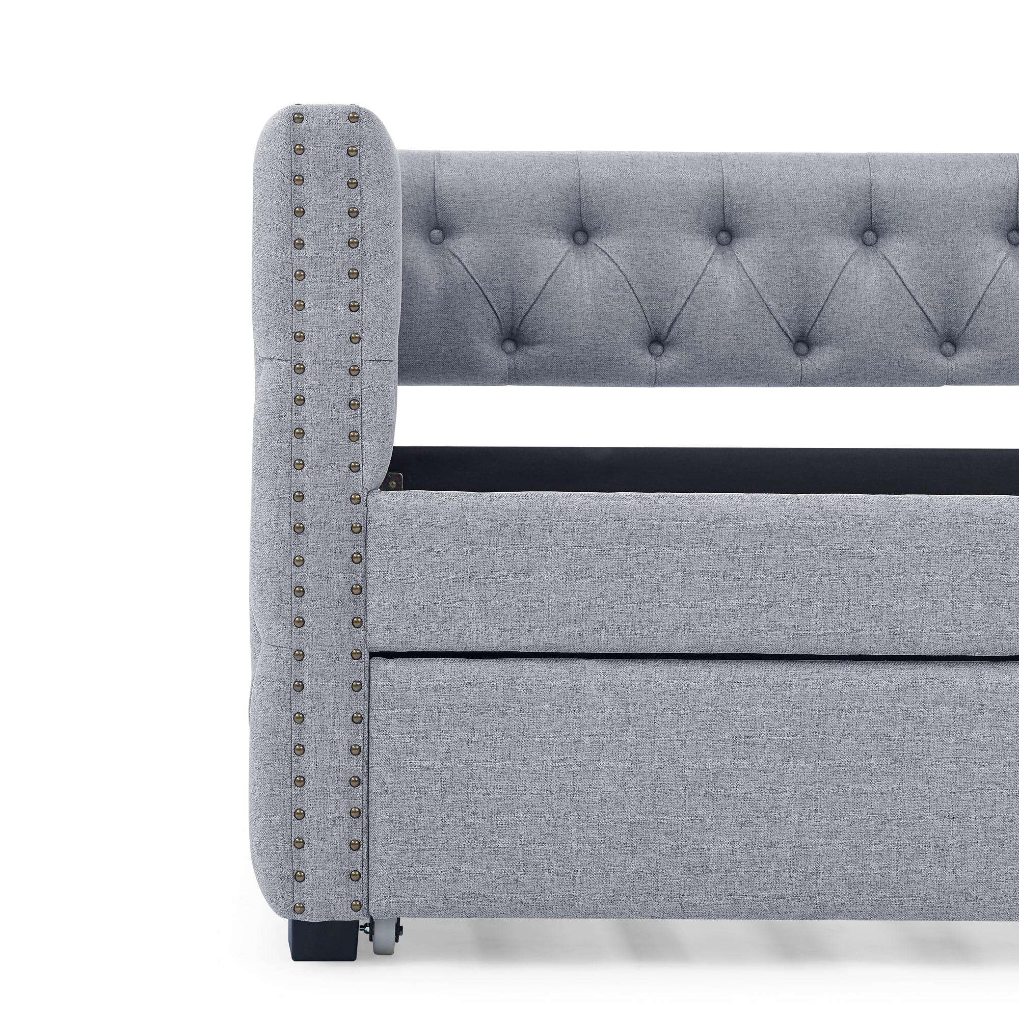 DEALTOPS Upholstered Twin Daybed with Trundle, Modern Wood Day Bed with Button Tufted Pull Out Sofa Bed Daybed with Copper Nail for Living Room - Gray