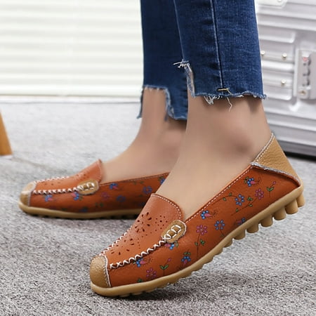 

Women s Comfortable Hollow Leather Printed Flat Casual Loafers Single Shoes