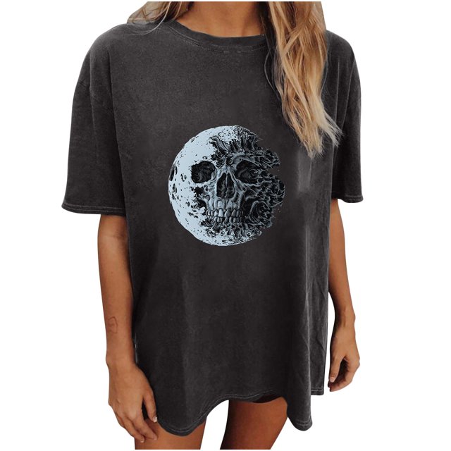 Camiseta de manga corta con estampado de luna y calavera incompleta para mujer Pompotops hkajfhjk456802