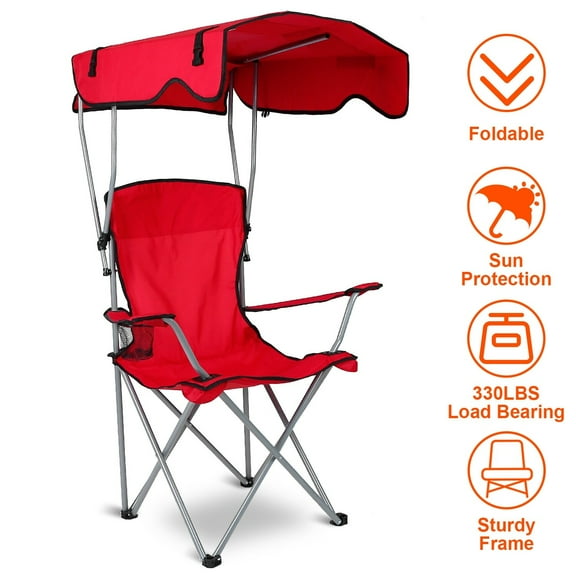 AetherLove Camping Chair with Canopy, Outdoor Folding Lounge Chair with Adjustable UPF 50 Sun Shade & Cup Holder, Portable Camping Recliner for Camp Beach Outdoor Sports, Red