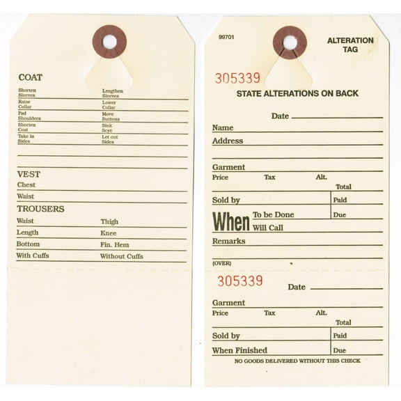 Alteration Tags w/ Claim Check, #8 Manila, 6-1/4" x 3-1/8", Button Slot, Numbered, Printed 2 Sides - Box of 1,000 Tags