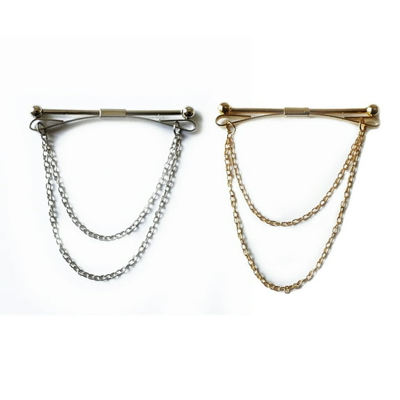 ROSENICE 2Pcs Collar Pin With Chain Men S Tie Accessory Golden Silver Simple Design Business Trip
