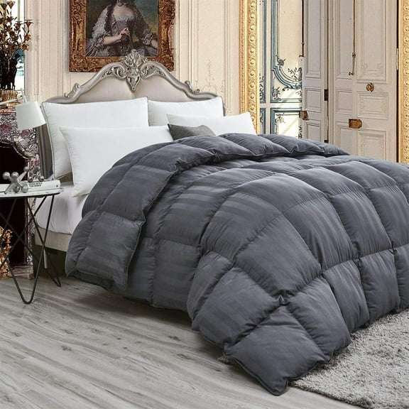 Luxurious Light Weight Goose Down Comforter Queen Size Duvet, Exquisite Gray Stripe Design, 1200 Thread Count 100% Egyptian Cotton Fabric, 750+ Fill Power, 45 oz Fill Weight