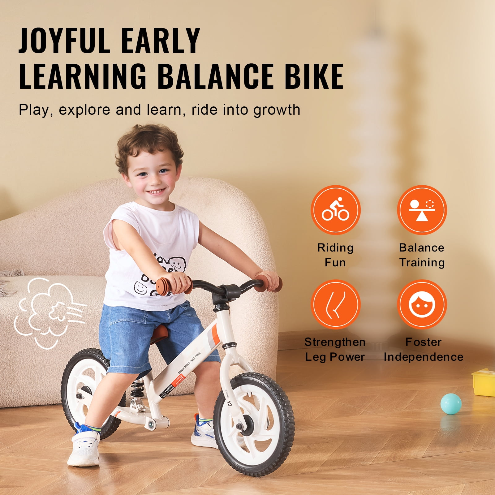 SKYSHALO Children's Balance Bike, 12" Durable Carbon Steel Frame, Adjustable Seat & Handle, EVA Foam Wheels, Pedal-less Training Bicycle for Kids Aged 1-5, Supports up to 55 lbs