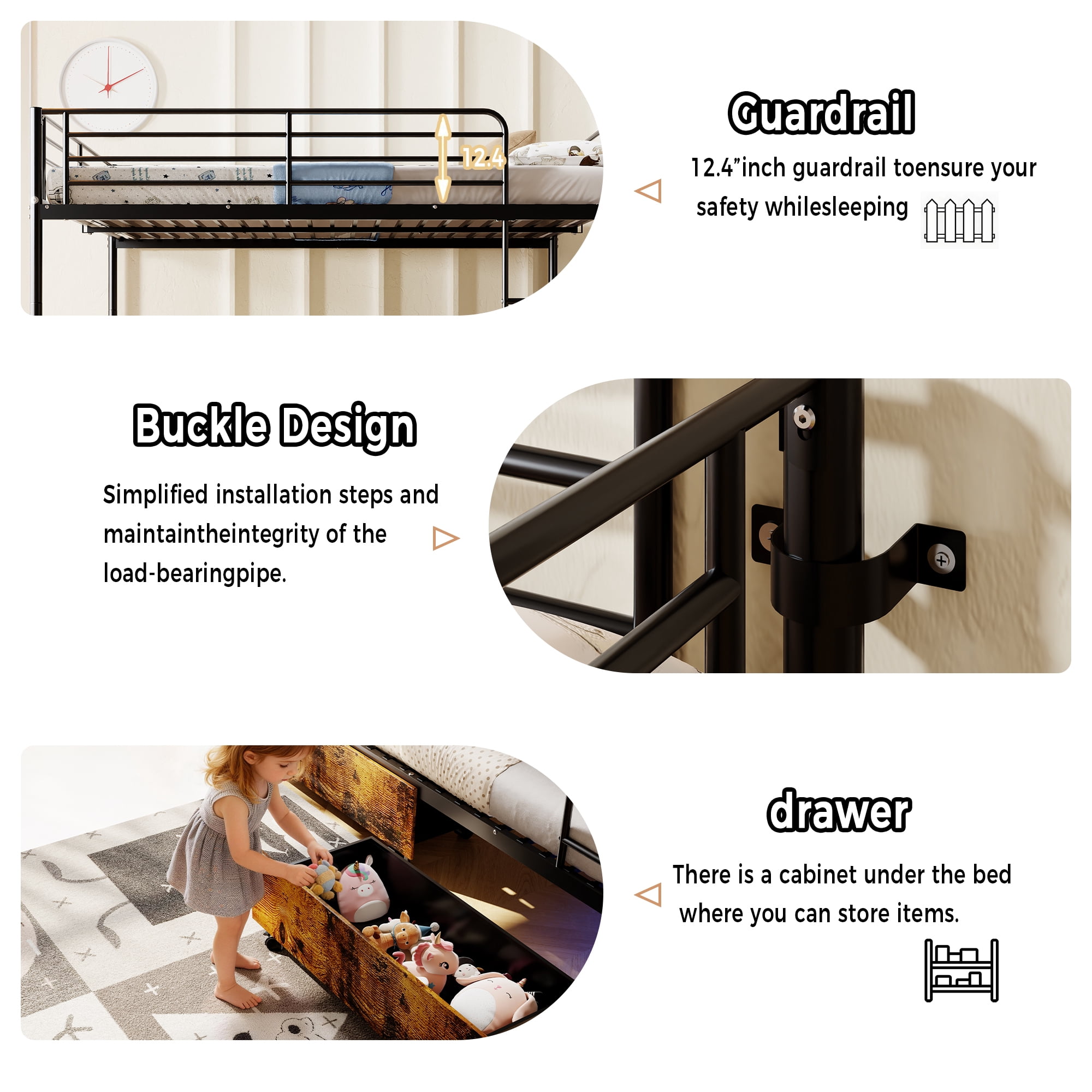 Leumius Twin Over Twin Metal Bunk Bed with USB Charging Station,Able to Split into 2 Twin Beds,Metal Bunk Bed with Safety Guardrail & Ladder,No Box Spring Needed,Black
