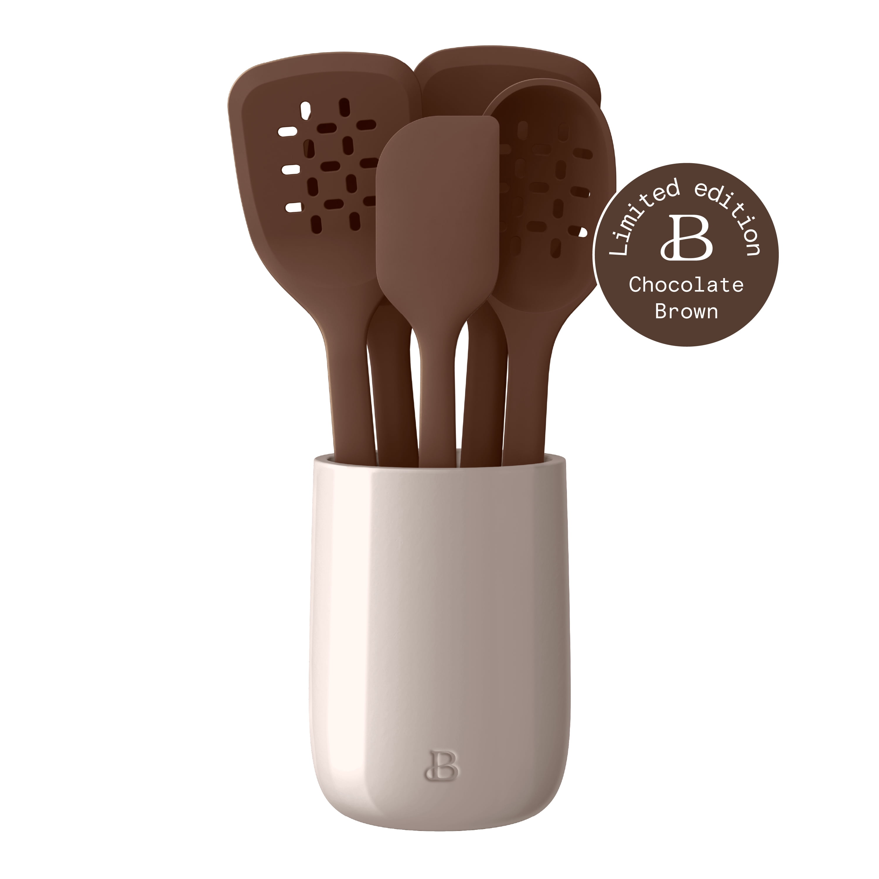 Beautiful 6-Piece Silicone Kitchen Tool Set with Ceramic Crock, Chocolate by Drew Barrymore