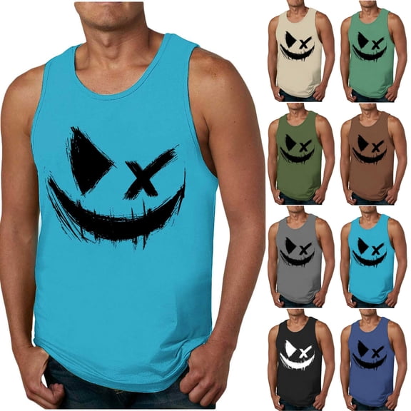 UVEASISHA Men's Novelty Sleeveless Tank Tops Gothic Spooky Face Print Sleeveless Tshirt Breathable Lightweight Muscle Shirt Halloween Casual Top for Party Streetwear Sky Blue S