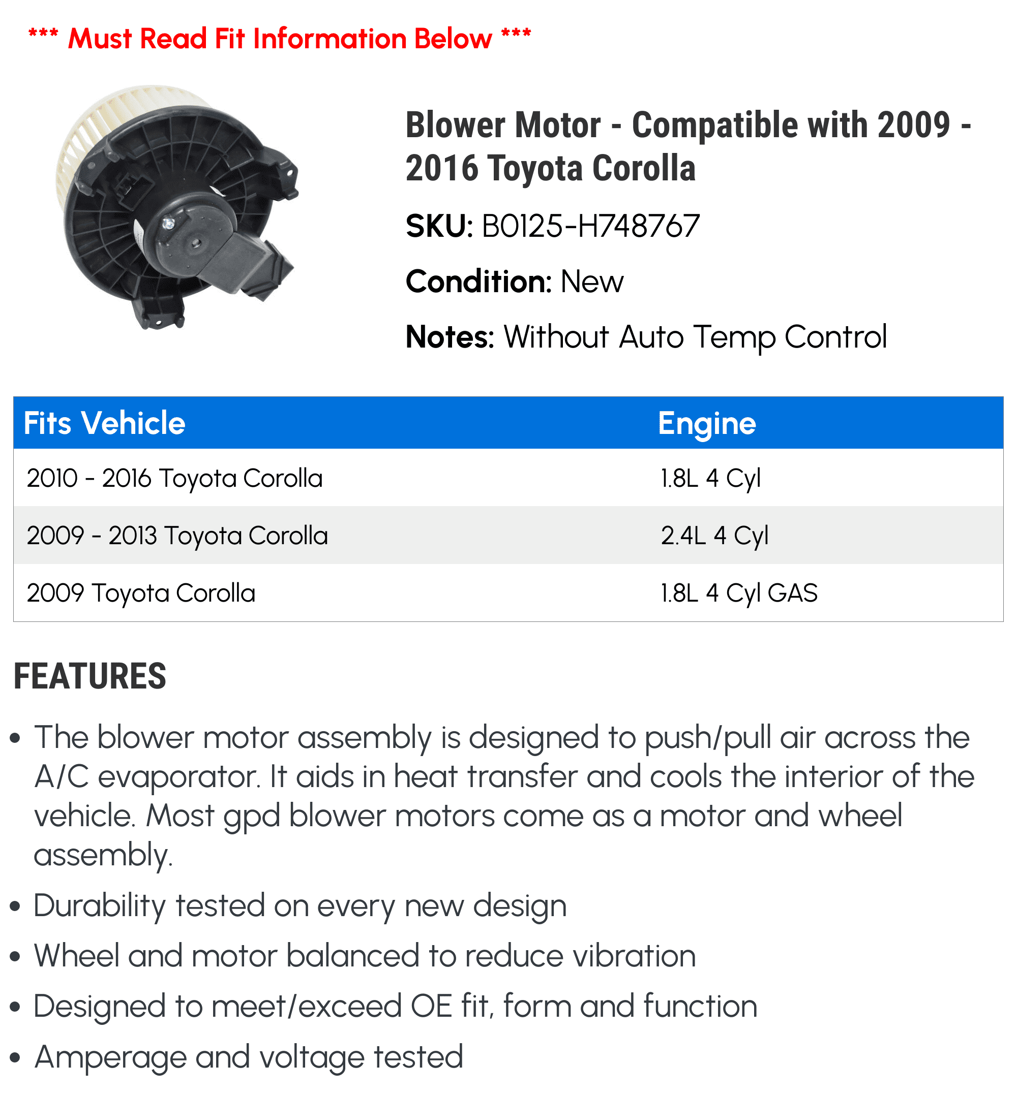 Blower Motor - Compatible with 2009 - 2016 Toyota Corolla 2010 2011 2012 2013 2014 2015