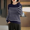 thumbnail image 2 of Htigea Knit Sweaters for Women Striped Long Sleeve Crewneck Pullover Casual Loose Fit Everyday Tops Navy 2XL, 2 of 3