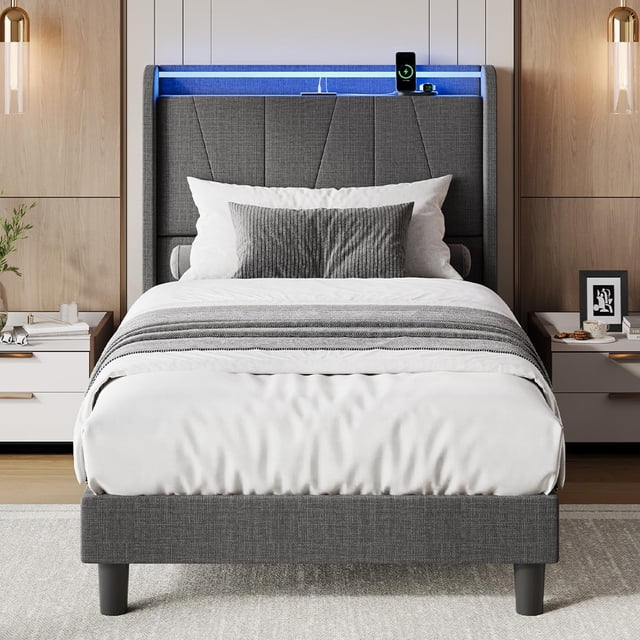 Twin Size Bed Frame with Charging Station and LED Lights, Modern Platform Bed with Wooden Slats, Upholstered Headboard, No Box Spring Needed, Easy Assembly, Grey