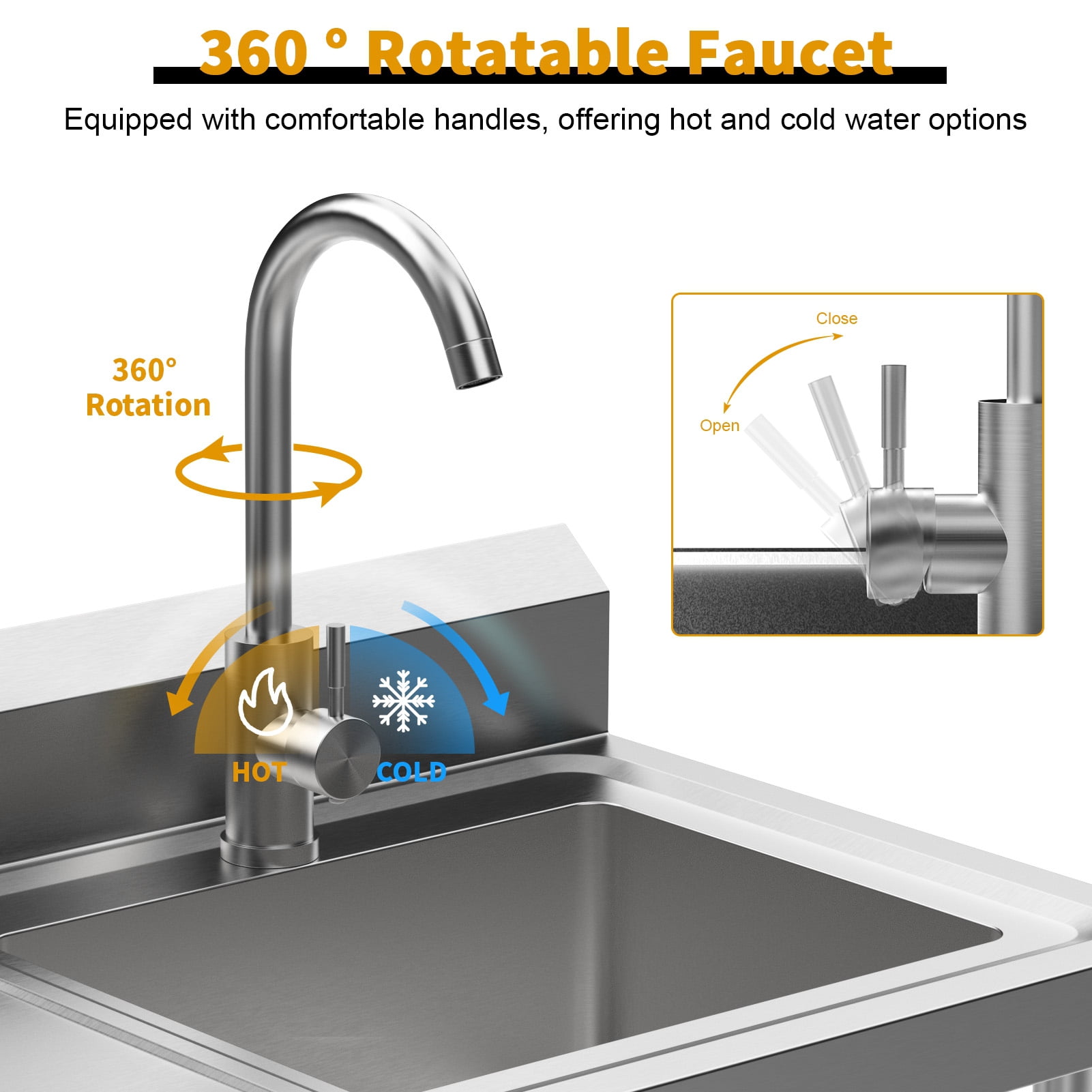 SHUO Y - Stainless Steel Sink with Drawer, Bottom Shelf, 39-Inch Free Standing Utility Sink with Cold Hot Water Faucet Hose, Single Bowl Sink for Indoor, Outdoor, Kitchen, Laundry Room