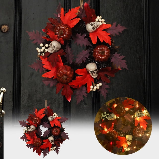 RKSTN Couronne de Couronnes de Feuilles d'Érable Squelette d'Halloween Simulation Noire