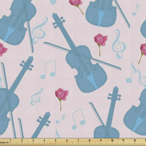 Ambesonne Music Fabric by the Yard Upholstery, Violin with Notes Pattern, 5 Yards, Slate Blue Pale Pink