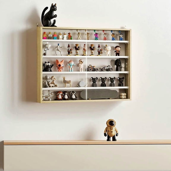 Yardi Yarda 5-Tier Display Cabinet, Wall-Mounted Display Case with 2 Glass Doors and Adjustable Shelves for Indoor, Oak and White