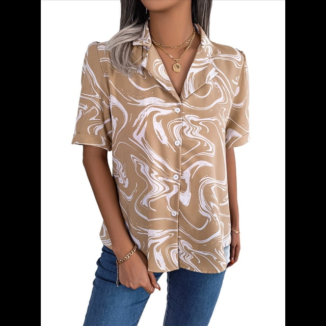 Camisa Informal de Corta Holgada con Cuello de Traje en Contraste para Mujer Caqui XL