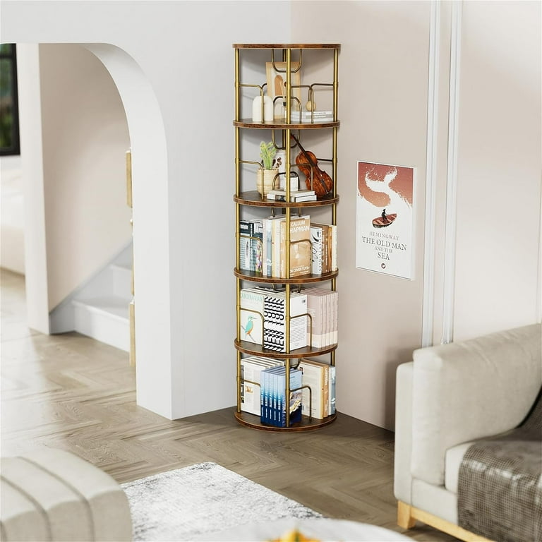 Aopark 5-Tier Rotating Bookshelf | 360° Swivel Display Tower | Space Saving Corner Organizer For Living Room, Bedroom - Gold