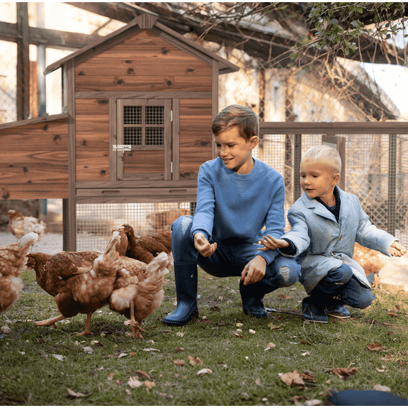 Grezone Large Wooden Outdoor Chicken Coop with Warming Lamp, Brown Fits 1-4 Chickens