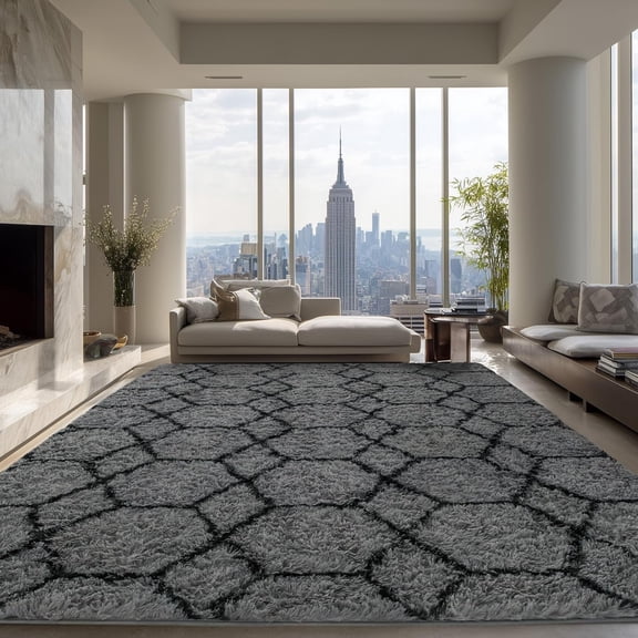 Large Rugs for Living Room, 8x10 Fluffy Grey and Black Bedroom Area Rug, Shag Geometric Soft Fuzzy Carpets Big Kids Room Rug, Non-Slip Plush Modern Rug for Office Home Decor Aesthetic