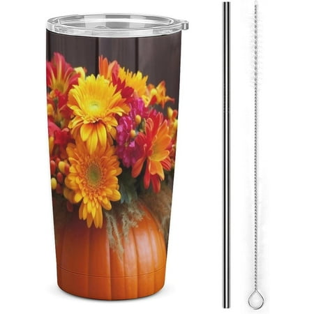 

20 Oz Stainless Steel Tumbler with Lid Vacuum Insulated Tumbler Autumn Flowers Pumpkin Coffee Mug for Travel Double Wall Insulated Cup for Reusable Car Cup