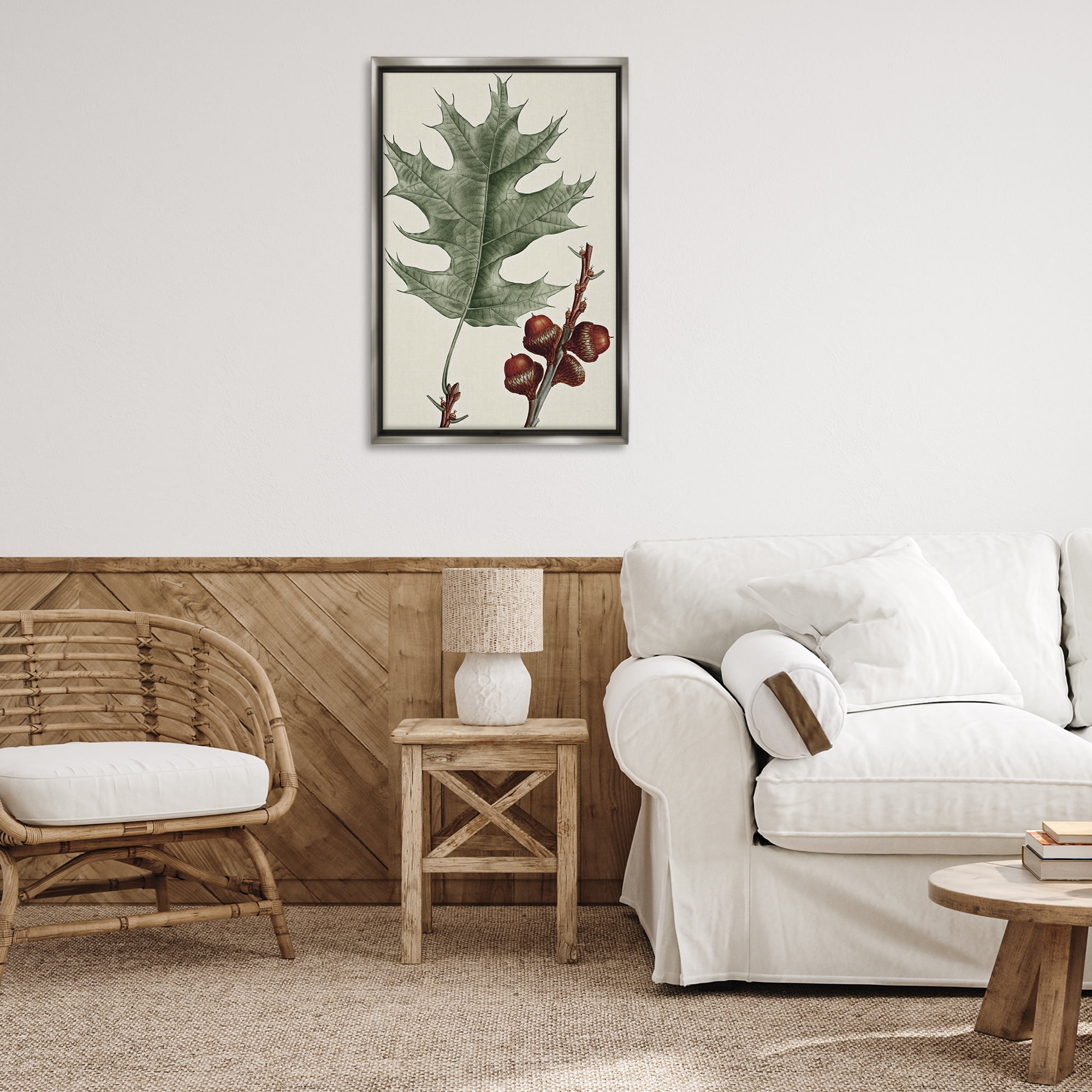 Stupell Industries Vintage Black Oak Leaf Plants & Flowers Painting Gray Floater Framed Canvas Art Print Wall Art, 21 x 31
