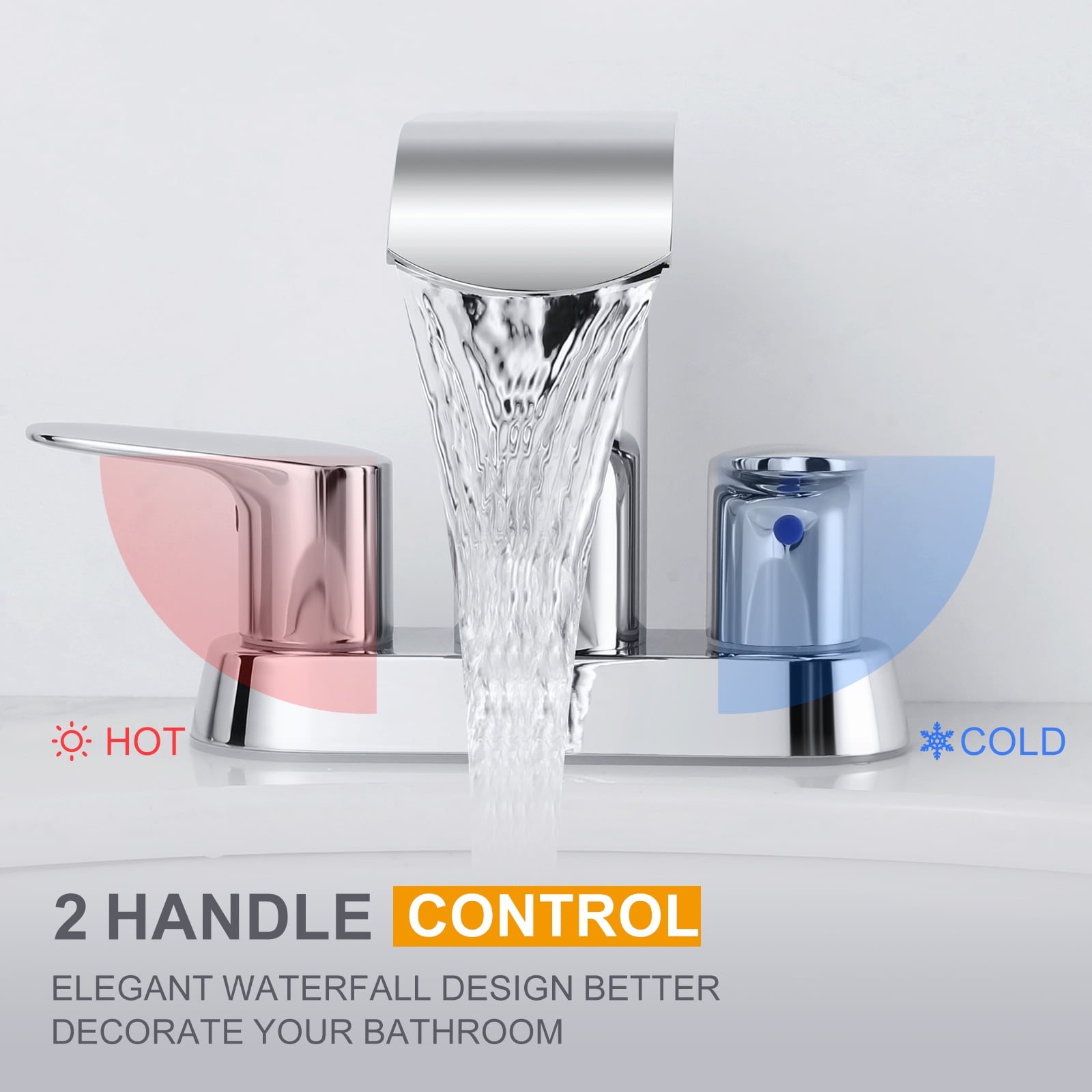 WOWOW Waterfall Bathroom Sink Faucet,Chrome Two Handles Bathroom Faucet with Metal Pop up Sink Drain Stopper, 2 or 3 Holes Bathroom Basin Lavatory Mixer Tap with Deck Mount Plate