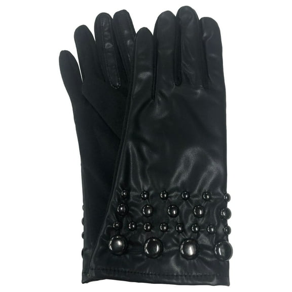 Womens Sleek Black Leather Look Studded Stretch Fit Gloves