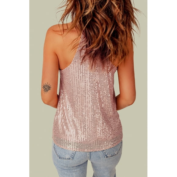 POGLIP Débardeur Dos Nageur à Paillettes Roses pour Femme