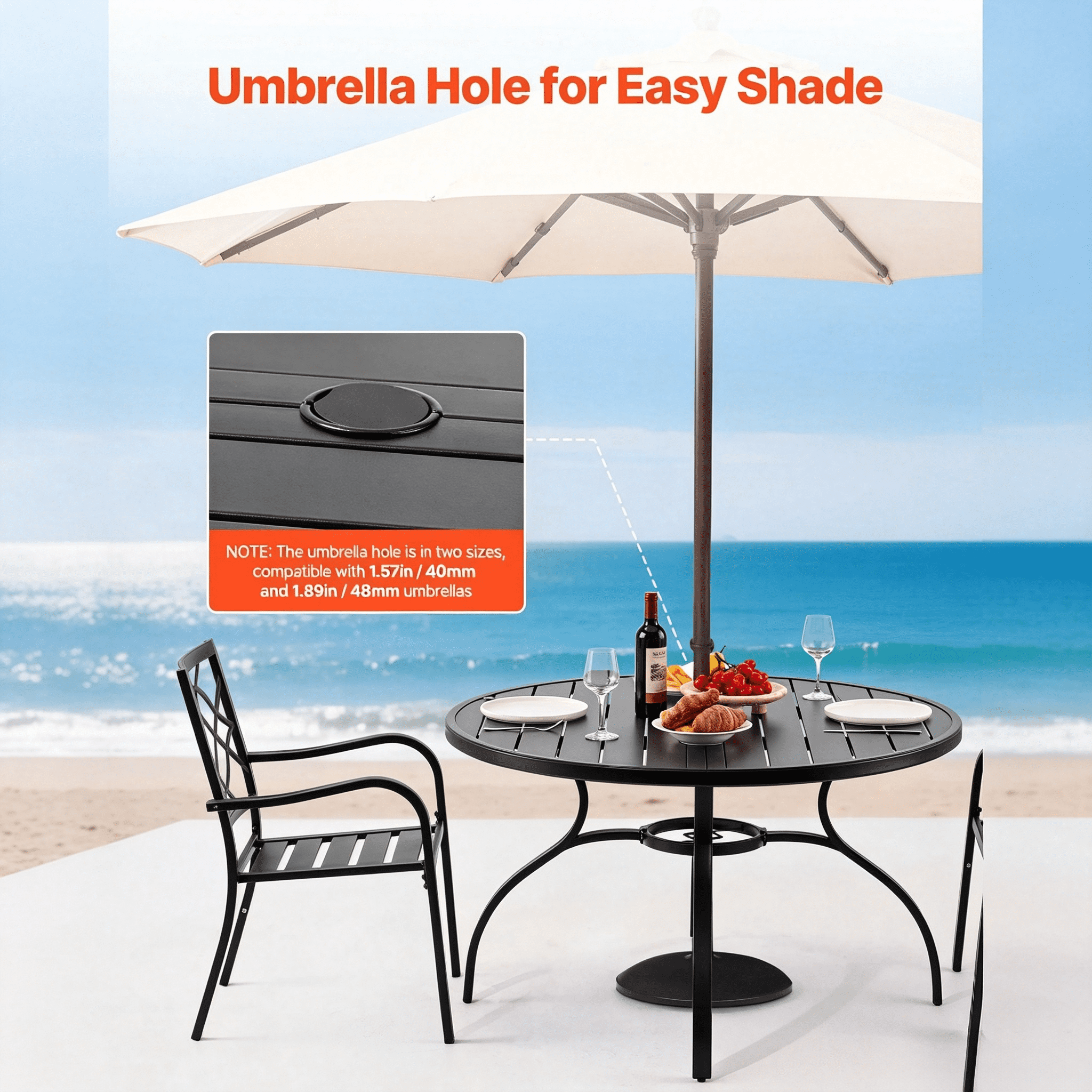 Outdoor Patio Dining Table, 47 inch Round Metal Steel Slat Backyard Bistro Tables, with 1.5 in Umbrella Hole, Outside All-Weather Large Furniture for Lawn Garden Porch, Black