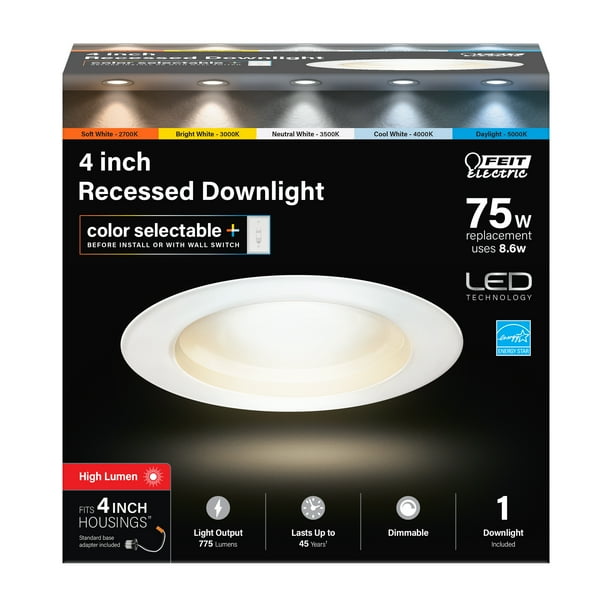 Feit Electric 4" Canless Recessed LED Downlights, 4-Pack - Dimmable, Selectable White (5 CCT), 50W Equivalent
