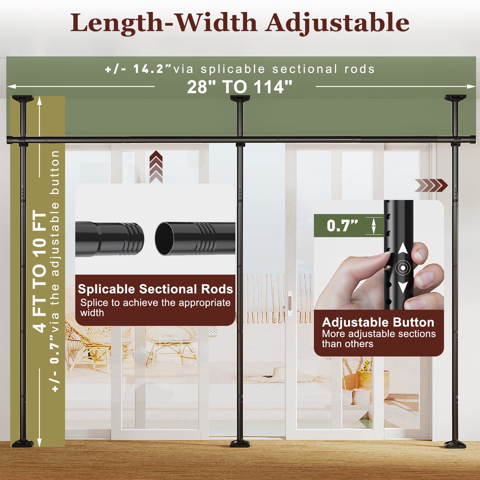 Yeabett Room Divider No Drilling Curtain Rods for Windows,4-10ft(H) 28-114inch(W) Adjustable Temporary Privacy Wall Divider,Tension Curtain Rods No Drilling,Black
