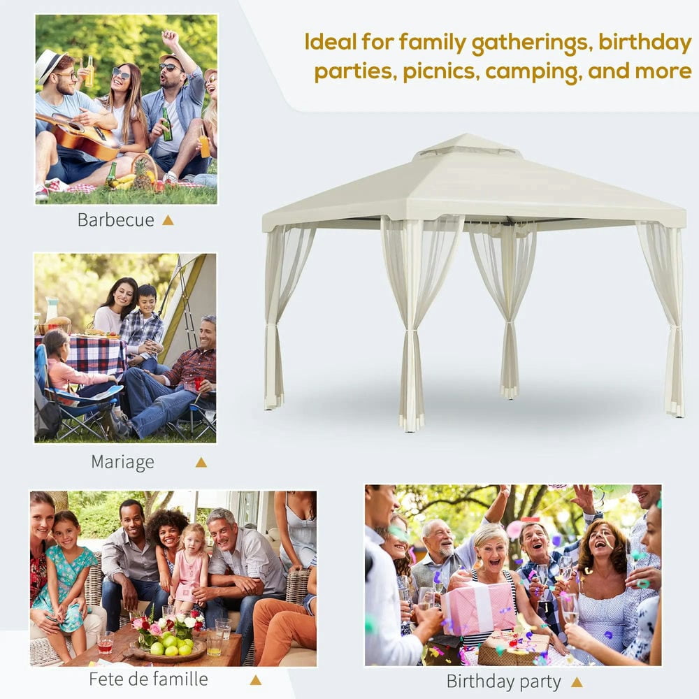 GVN Patio Garden Pergola, Pergola Canopy,9.6' x 9.6' Patio Gazebo, Outdoor Canopy Shelter with 2-Tier Roof and Netting, Cream White