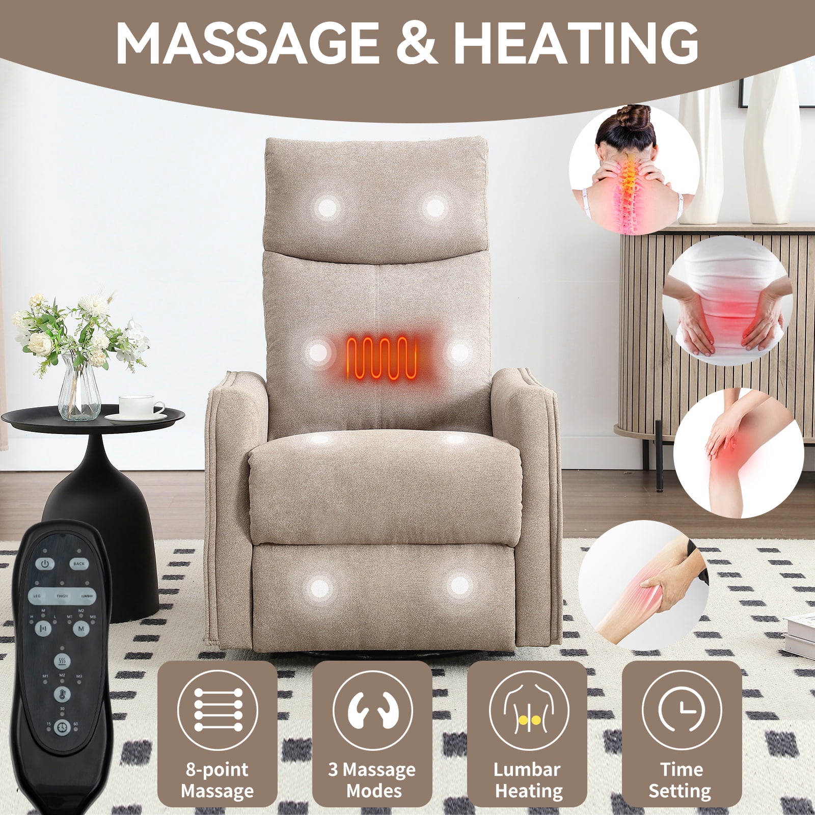 Holaki Manual Swivel Rocker Recliner Chair, 360° Swivel Recliner with Massage and Heat, Chenille Rocker Recliner Nursery Glider Chair with Side Pockets, Lumbar Support for Living Room, Khaki