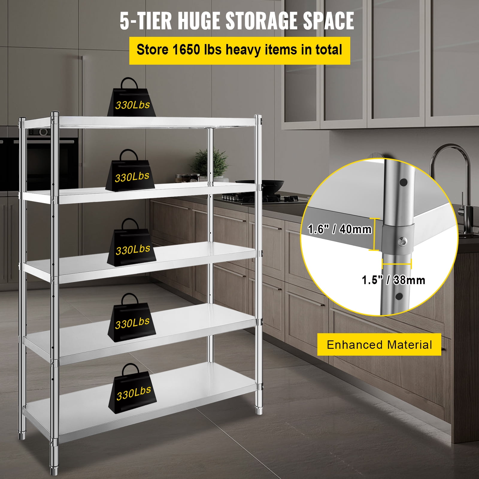 KFFKFF 48x18.5 inch 5 Stainless Steel Shelving Tier Unit Stainless Steel Heavy Duty Shelving Adjustable Shelf Storage for Kitchen Commercial Office Garage Storage 330lb per shelf