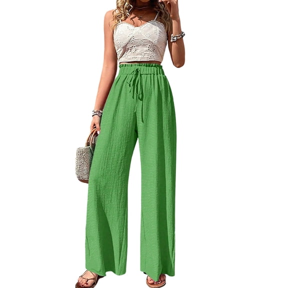 Women'S Wide Leg Lounge Pants High Waisted Adjustable Tie Knot Loose Trousers Green L