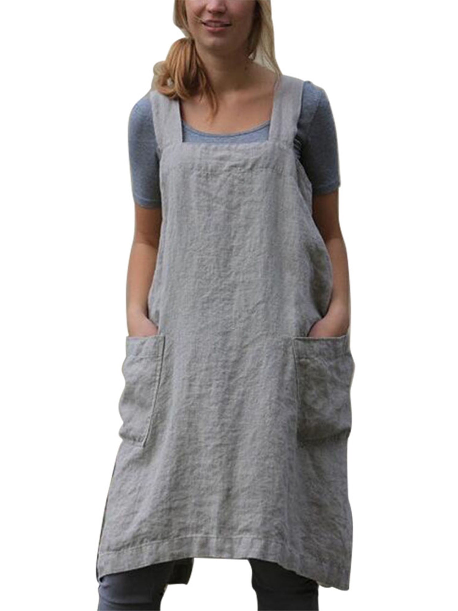 Women’s Pinafore Square Apron Baking Cooking Gardening Works Cross Back Cotton/Linen Blend Dress with 2 Pockets